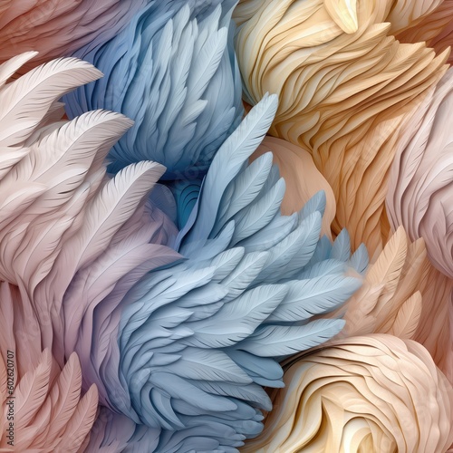 Very Detailed Feathers Pastel White Tones Tile Seamless Background. Generative AI