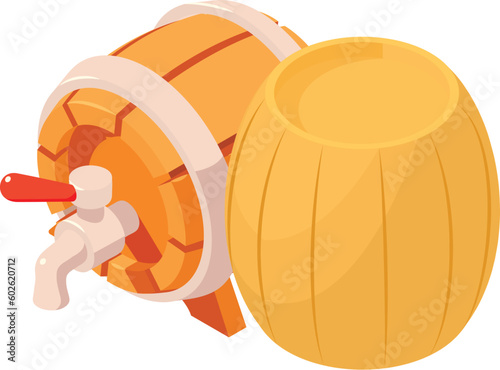 Drink production icon isometric vector. Beer barrel with tap near wine barrel. Hobby, production, business