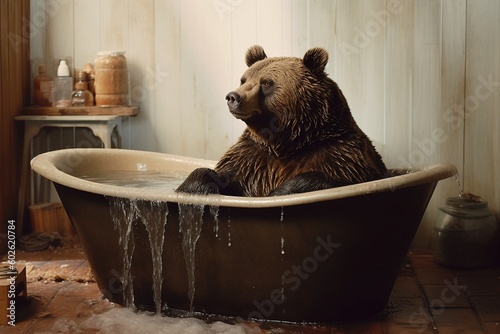 Bear taking  a bath in a bathtub, ai generative