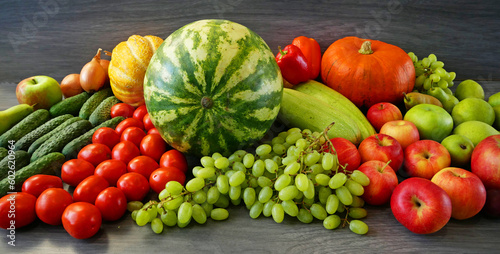 many different fruit and vegetables, green grocery shop, healthy fresh colored fruits and vegetables background delivery