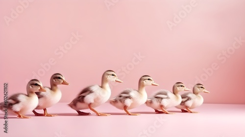 Ducklings in a Row on Pastel Pink Studio Background