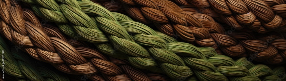 Brown Green Close Up Very Detailed Pattern Of Ropes Panoramic Banner. Generative AI