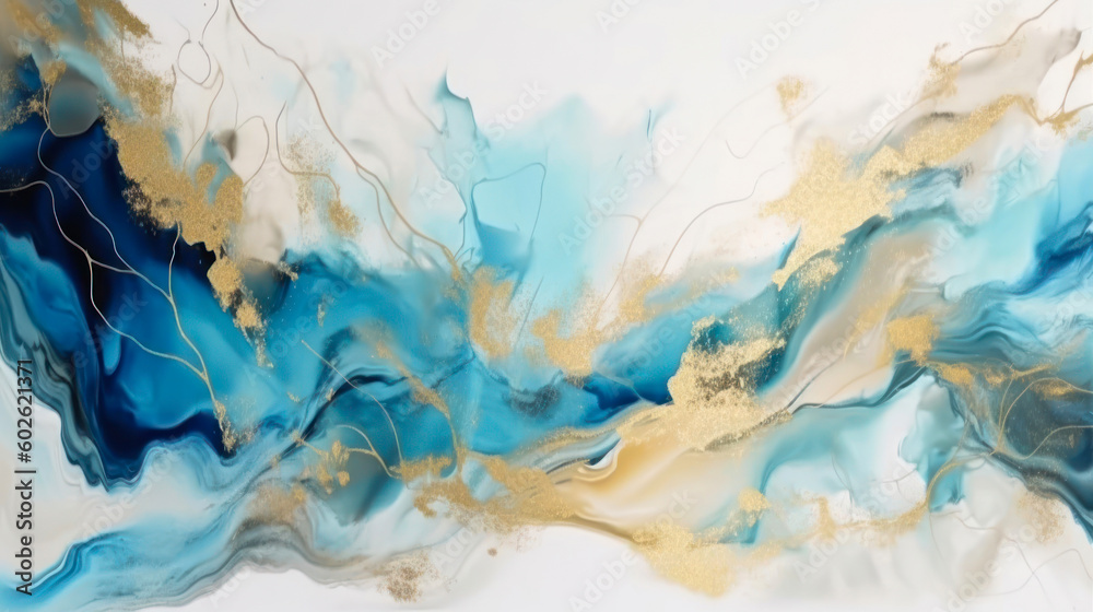 Abstract blue and gold marble background. Acrylic hand painted texture. Generated AI