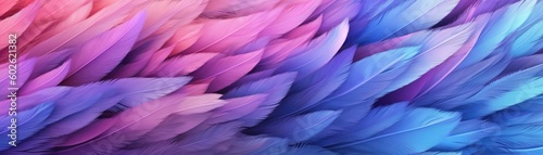 Very Detailed Feathers Pastel Purple Pink Blue Tones Panoramic Banner. Generative AI