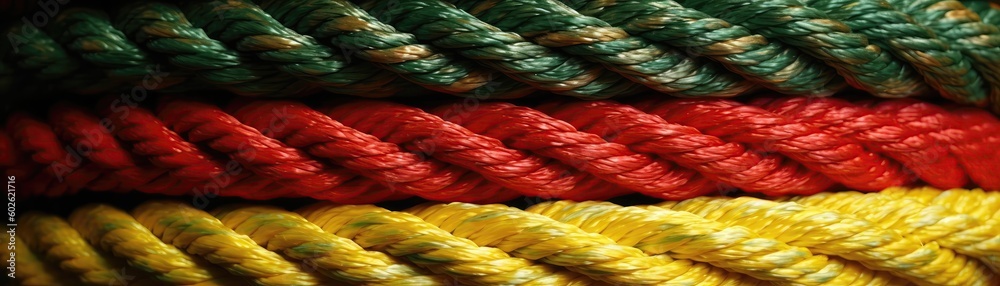 Red Yellow Green Close Up Very Detailed Pattern Of Ropes Panoramic Banner. Generative AI