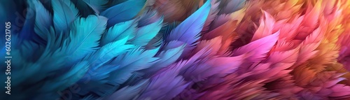 Very Detailed Feathers Pastel Red Green Blue Tones Panoramic Banner. Generative AI