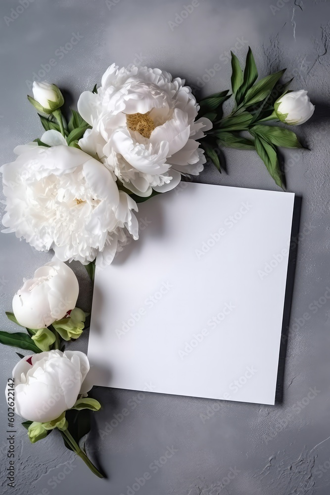 Blank White Card On Silver Background With Peonies Postcard. Generative AI