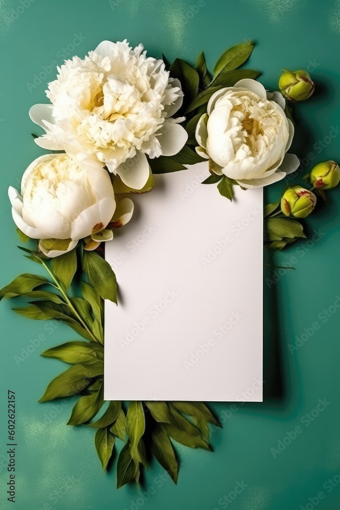Blank White Card On Green And Gold Background With Peonies Postcard. Generative AI