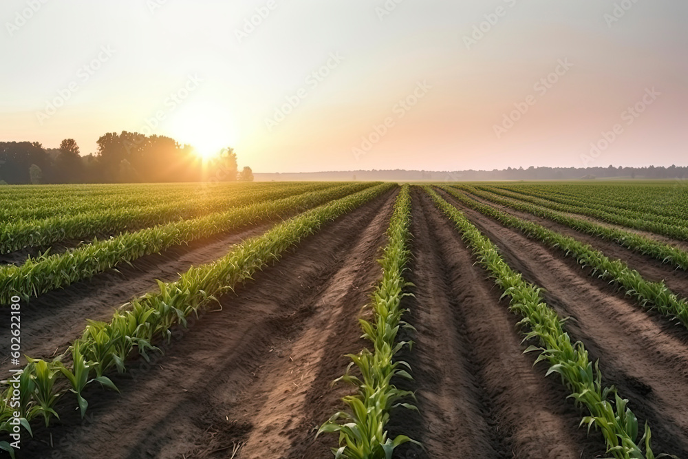 Obraz premium Field with rows of young corn. Morning rural landscape