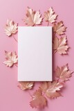 Blank White Card On Pink And Gold Background With Maple Leaves Postcard. Generative AI