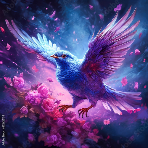 Generative AI: colorful bird flying in background with flowers © justdd