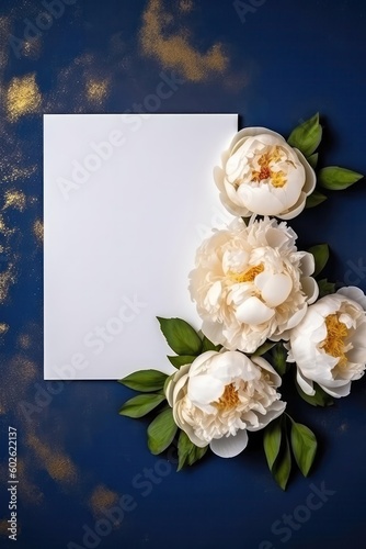 Blank White Card On Navy And Gold Background With Peonies Postcard. Generative AI photo