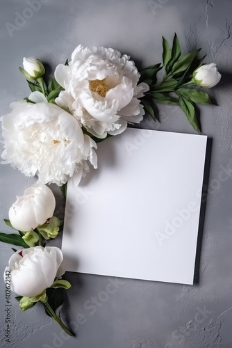 Blank White Card On Silver Background With Peonies Postcard. Generative AI
