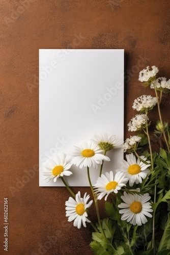 Blank White Card On Bronze Background With Chamomile Postcard. Generative AI