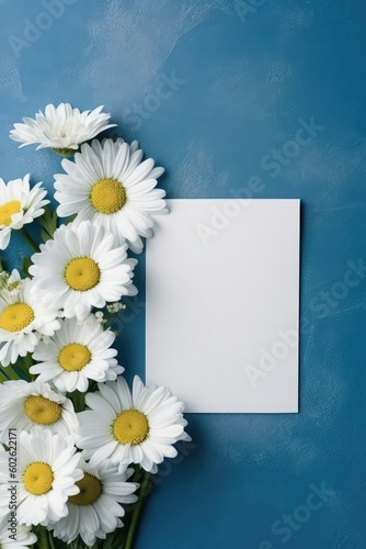 Blank White Card On Blue Background With Chamomile Postcard. Generative AI © Ян Заболотний