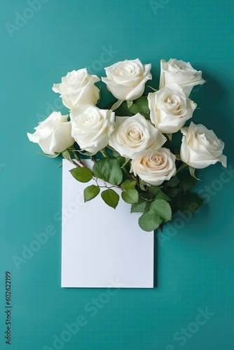 Blank White Card On Turquoise Background With Roses Postcard. Generative AI