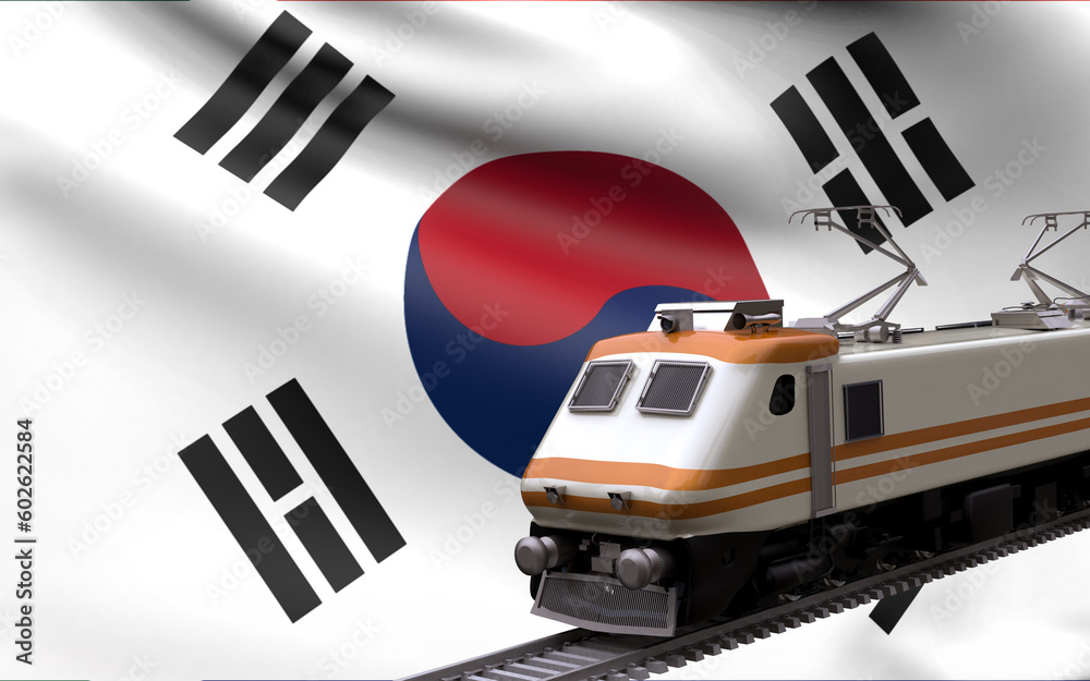 Fototapeta premium South Korea country national flag with speed trains railroad locomotive tourist traveling path international journey infrastructure concept 3d rendering image
