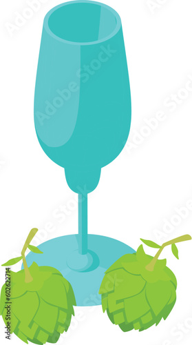 Drink ingredient icon isometric vector. Empty wine glass and green flower of hop. Alcoholic beverage production