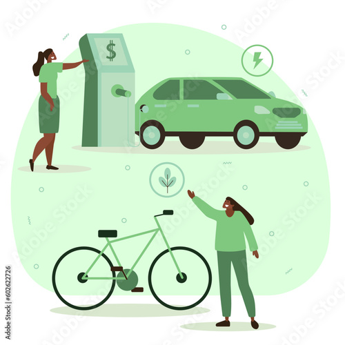 Vector illustration in flat design style on the theme of environmental protection. Renewable energy, clean air, cleaner production, happy people in a clean environment