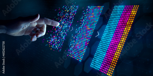 Big data analysis with AI technology for business analytics. Insights from data mining, filtering, sorting, clustering. Data scientist working on machine learning on virtual computer screen.