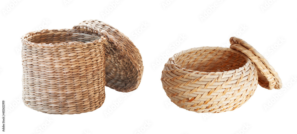 Different variants empty straw baskets isolated on white. Wicker decor for bathroom