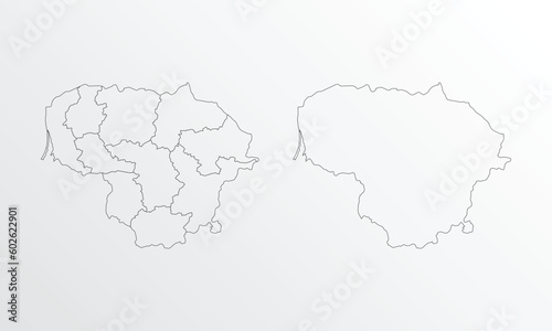 Black Outline vector Map of Lithuania with regions on white background