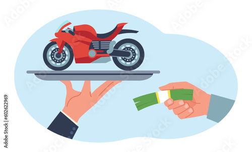 Motorcycle sale, motorcycle rental, seller gives bike and buyer money. Customer with cash and agent with transport. New vehicle buying or renting cartoon flat isolated vector concept