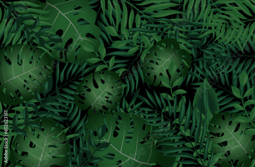 dark tropical background with leaves. vector with tropical leaves