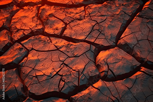 Heat red cracked ground texture burning after volcano eruption. Molten active lava texture background