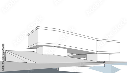 Modern house building architectural 3d illustration