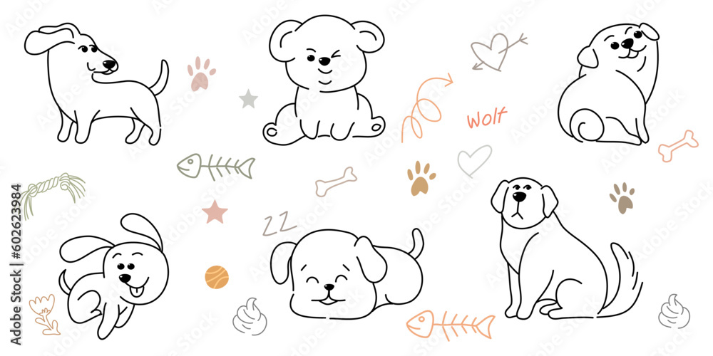 Doodle Cartoon dog illustration set in different poses. Cute sitting, running and lying vector dog isolated on white background Doodle Cartoon dog illustration set in different poses. Cute sitting, running and lying vector dog isolated on white background