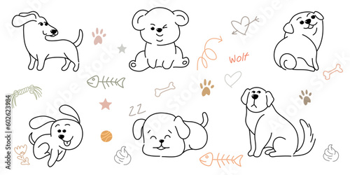 Doodle Cartoon dog illustration set in different poses. Cute sitting, running and lying vector dog isolated on white background