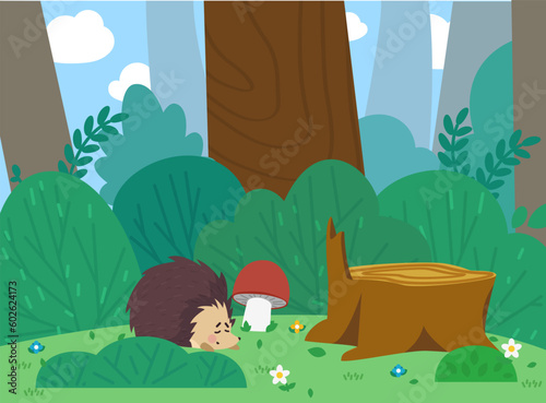 Cute hedgehog sleeping on lawn near stump flat style