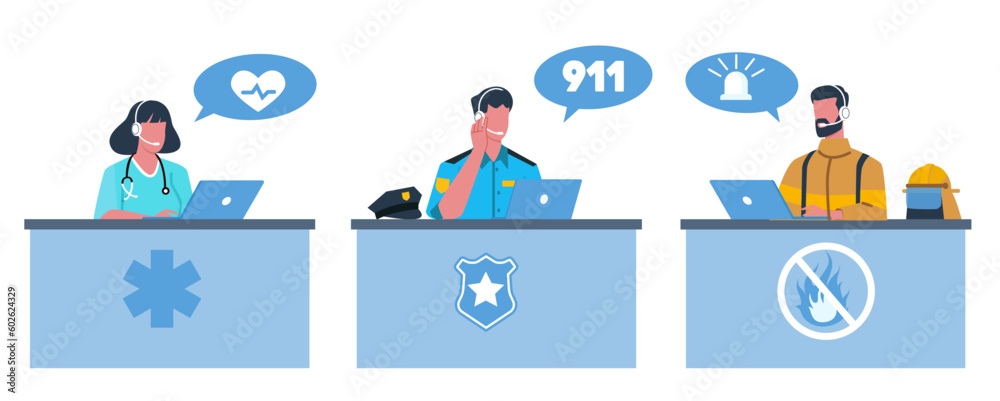 Operators of emergency services, ambulance, police and fire department. People sitting at table in headphones. Call center, online hotline support. Cartoon flat style isolated vector set Operators of emergency services, ambulance, police and fire department. People sitting at table in headphones. Call center, online hotline support. Cartoon flat style isolated vector set