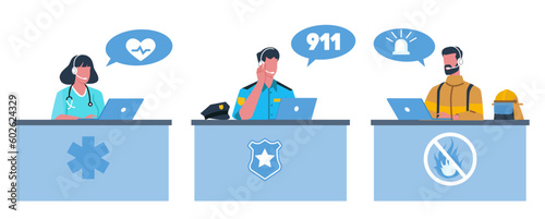 Operators of emergency services, ambulance, police and fire department. People sitting at table in headphones. Call center, online hotline support. Cartoon flat style isolated vector set