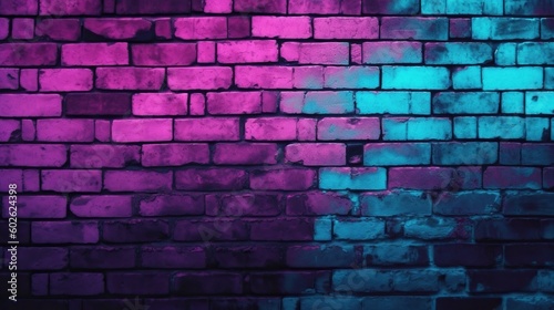 Black brick wall background with neon lighting effect from pink and purple to blue. Glowing lights in the dark on empty brick wall background. ai 