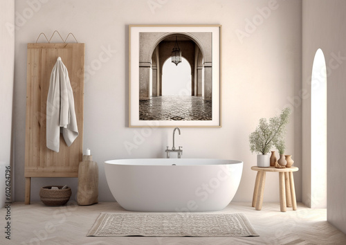 interior of a natural minimal boho style bathroom with one  frame mock up art above bathtub   generative ai