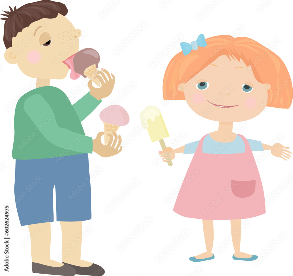 Boy and girl joyfully eat refreshing ice cream Boy and girl joyfully eat refreshing ice cream