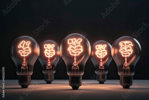 Illuminated light bulb with brain inside in a row. One different glowing on circuit. Business bright idea