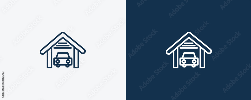 garage icon. Outline garage icon from real estate industry collection. Linear vector isolated on white and dark blue background. Editable garage symbol.