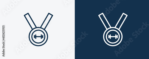 weight lifting medal icon. Outline weight lifting medal icon from sport and games collection. Linear vector isolated on white and dark blue background. Editable weight lifting medal symbol.