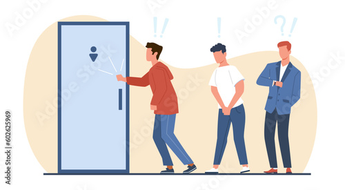 Queue to mens room, men waiting at door of toilet, standing in line. Unhappy male and female characters feel malaise, people need to pee, occupied wc cartoon flat isolated vector concept