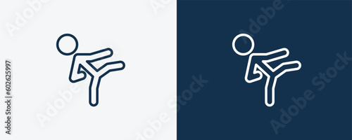 karate fighter icon. Outline karate fighter icon from sport and games collection. Linear vector isolated on white and dark blue background. Editable karate fighter symbol.