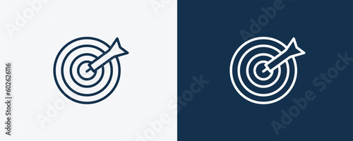 dartboard with dart icon. Outline dartboard with dart icon from sport and games collection. Linear vector isolated on white and dark blue background. Editable dartboard with dart symbol.