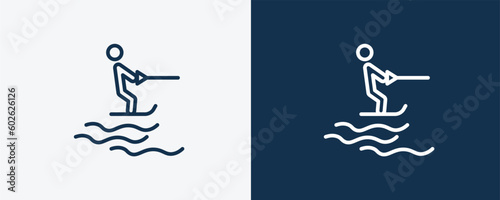 jet surfing sign icon. Outline jet surfing sign icon from sport and games collection. Linear vector isolated on white and dark blue background. Editable jet surfing sign symbol.