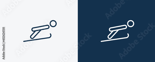 jumping ski sign icon. Outline jumping ski sign icon from sport and games collection. Linear vector isolated on white and dark blue background. Editable jumping ski sign symbol.