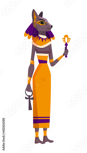 Flat ancient Egyptian goddess Bastet with head of cat. Egypt sacred animal headed woman, feline deity of domesticity and home isolated on white background. Antique mythological character from history.