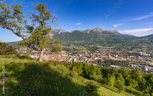 The City of Gap (capital of Hautes-Alpes department) in summer with view on Charance mountain. French Alps, France