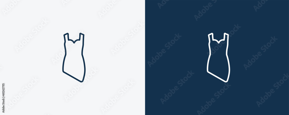 cocktail dress icon. Outline cocktail dress icon from clothes and outfit collection. Linear vector isolated on white and dark blue background. Editable cocktail dress symbol. cocktail dress icon. Outline cocktail dress icon from clothes and outfit collection. Linear vector isolated on white and dark blue background. Editable cocktail dress symbol.
