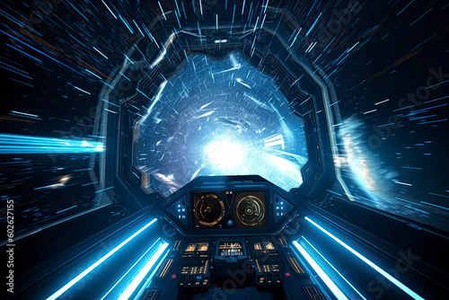 Inside of a Spaceship Driving at Hyper Speed, Space Travelers flying through the space